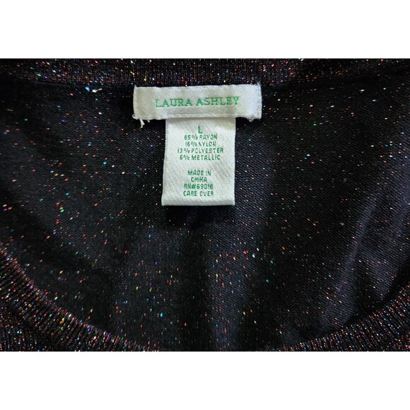 Laura Ashley Blouse Long Sleeve Multi Color Sparkle on Black Size Large Holidays - Picture 7 of 7